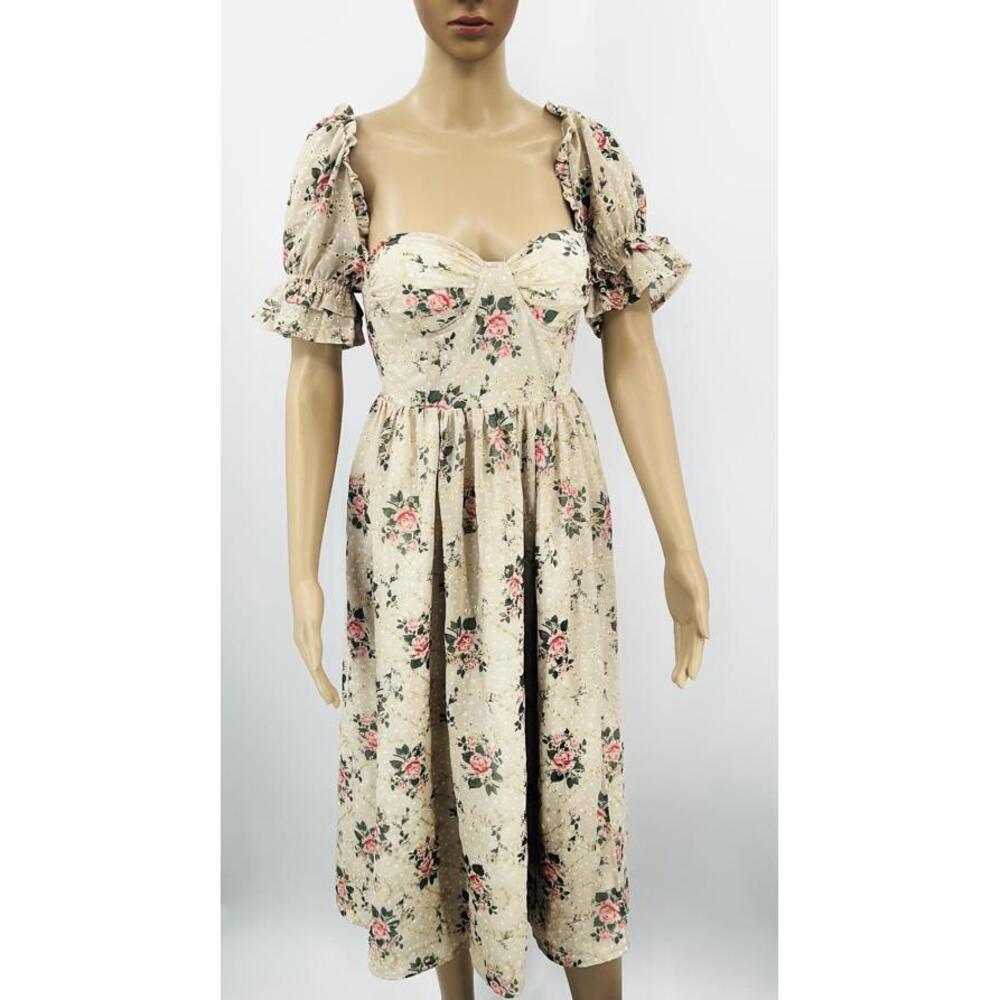 Cottagecore‎ Floral Puff Sleeve Midi Dress Size Regular S Beige Cotton